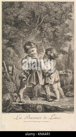 Eine Gravur des französischen Künstlers Jean Daullé aus dem 18. Jahrhundert, die eine Figur darstellt, die Milch trinkt, und detaillierte Gravur- und Illustrationstechniken dieser Zeit demonstriert. Stockfoto