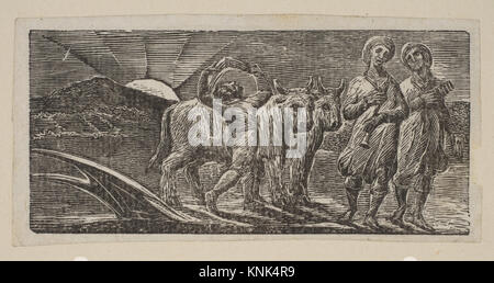 Der Junge kehrt fröhlich zurück, mit Plough und Ochsen, aus Thorntons Pastoralen von Virgil vom Künstler William Blake, (britisch, London 1757-1827 London), 1821 Stockfoto