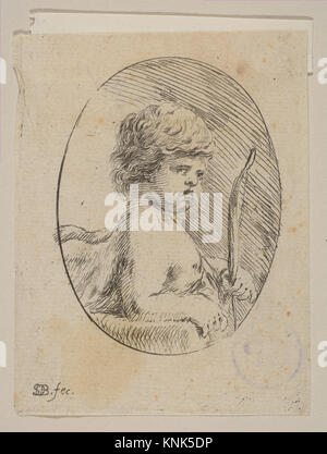 Ein Druck des italienischen Künstlers Stefano della Bella (1610–1664), der einen kleinen Cupid mit einer Schleife zeigt, aus „diverse Figuren und Doodles“ um 1646. Das Werk beleuchtet die barocke Druckerei und Figurenstudie. Stockfoto