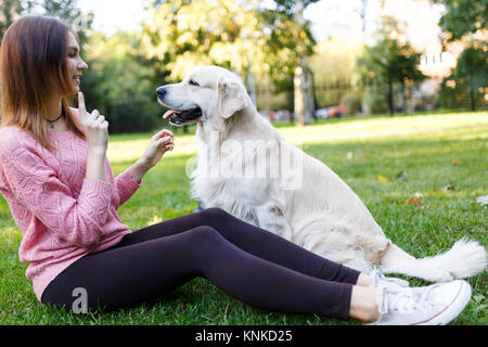 Bild von brunette umarmen Labrador im Sommer Park Stockfoto