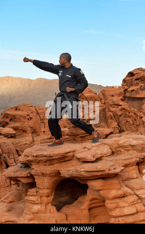 African American man praktizieren Kampfkunst in der Wüste von Nevada. Stockfoto