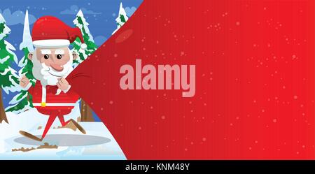 Santa Claus laufen und ziehen riesige Beutel der Geschenke mit Roten Platz kopieren. Vektor Zeichentrickfigur Abbildung. Stock Vektor