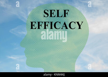 Die Abbildung der "Wirksamkeit" Titel auf dem Kopf silhouette, mit bewölktem Himmel als Hintergrund. Stockfoto