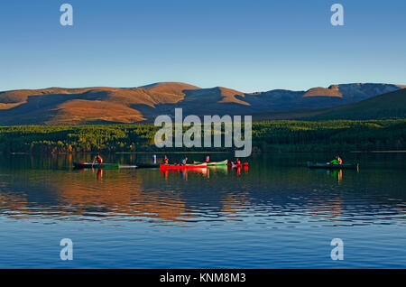 Gruppe von Menschen, die Wassersport Unterricht auf Loch Morlich, die Cairngorm Plateau hinter, ruhig Herbstnachmittag, Scottish Highlands, Schottland Großbritannien steigende Stockfoto