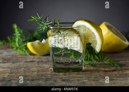 Gin mit Tonic, Zitronenscheiben und Wacholder. Stockfoto