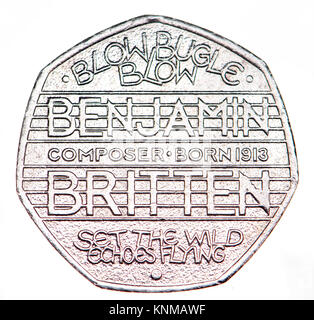 Britische commemorative 50p-Medaille. Der 100. Jahrestag der Geburt von Benjamin Britten (Tom Phillips: 2013) Stockfoto