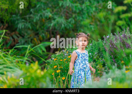 Junge brünette Mädchen im blauen Kleid in schöne Blume Garten Stockfoto