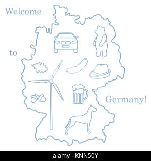 Vector Illustration mit verschiedenen Symbolen in Deutschland. Reisen und Freizeit. Design für Banner, Poster oder Drucken. Stock Vektor