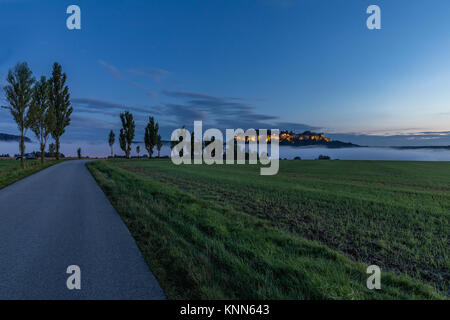 Deutschland. Die Sächsische Schweiz. Festung Königstein nach Sonnenuntergang. Allee der Bäume und Nebel im Tal unterhalb der Festung. Festung Wand des Deutschen Schloss Stockfoto