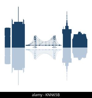 Silhouetten der Golden Gate, Hängebrücke und moderne Gebäude in den USA. Hohe Gebäude, Wolkenkratzer und Brücke. Stock Vektor
