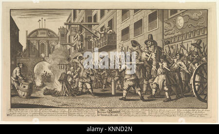 Illustration aus Samuel Butlers Hudibras, die das Ereignis „Burning the Rumps at Temple Bar“ zeigt und historische Satire und Druckkultur aus dem 17. Jahrhundert hervorhebt. Stockfoto