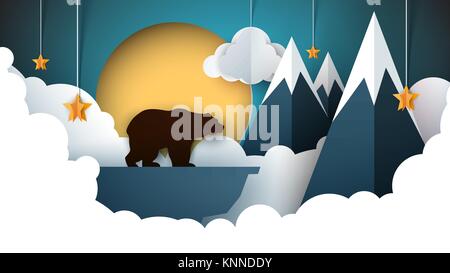 Papier origami Landschaft. Berg, Bär, Tiere, Sonne, Wolke, Hügel, Stern. Stock Vektor