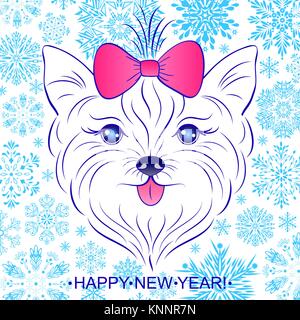 Vector Illustration der Kopf des Hundes auf dem Hintergrund mit Schneeflocken. Neues Jahr Karte. Stock Vektor
