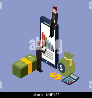 Unternehmer mit Smartphone Grafik finanzielle Geld dollar Rechner isometrische Stock Vektor