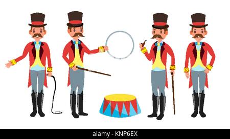 Circus Trainer Vektor. Peitsche in der Hand. Classic Black Hat. Retro Flachbild Cartoon Illustration Stock Vektor