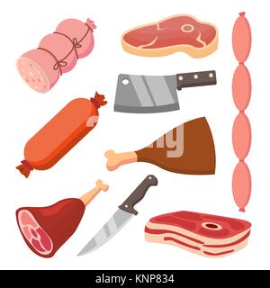 Frisches Fleisch Vektor einrichten. Würstchen, Messer. Flache Essen Symbole. Isolierte Cartoon Illustration Stock Vektor