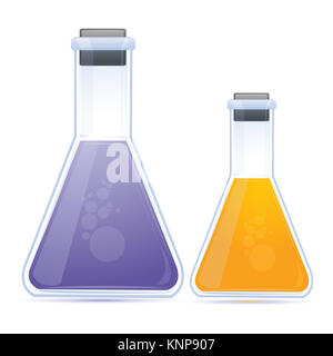 Darstellung der farbigen Chemikalie in Flasche auf weißem Hintergrund Stockfoto