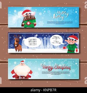 Frohe Weihnachten und guten Rutsch ins Neue Jahr horizontale Poster Set mit Urlaub Zeichen auf Schneeflocken Hintergrund Stock Vektor