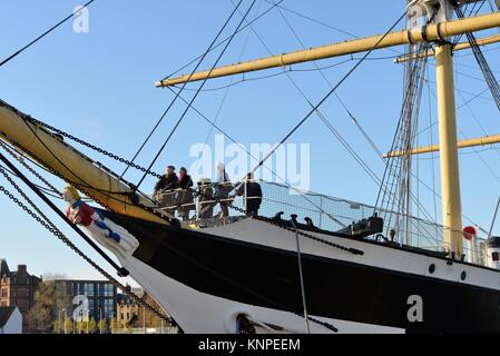 Die glenlee Stahl Doppelhüllenschiff mit Galionsfigur, Glasgow, Schottland, Großbritannien Stockfoto