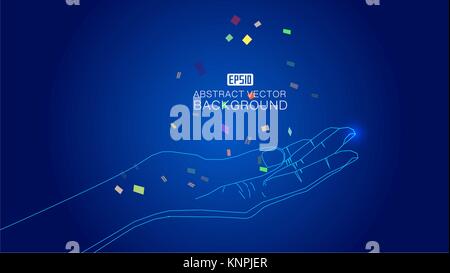 Die Hand, die von der Linie gezeichnet wird, fängt die verstreuten farbige Fragmente Stock Vektor