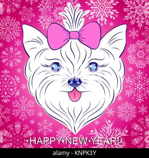 Vector Illustration der Kopf des Hundes auf dem Hintergrund mit Schneeflocken. Neues Jahr Karte. Stock Vektor