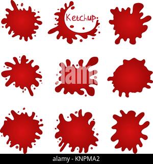 Spritzer von Tomaten, Flecken und Tropfen Ketchup. Tomatenmark, Saft Spray. Rote Flecken auf weißem Hintergrund. Vector Illustration. Stock Vektor