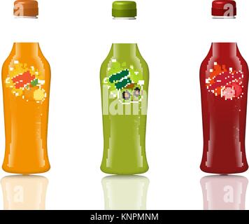 Glas trinken Flasche legen. Frische Säfte, Limonade, Getränke in einer realistischen, 3d-Stil. Mock-up für Ihr Produkt Design. Auf weißem Hintergrund mit Reflexion isoliert. Vector Illustration. Stock Vektor