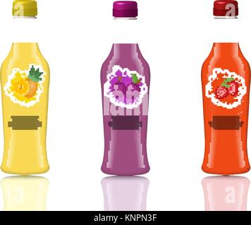 Glas trinken Flasche legen. Frische Säfte, Limonade, Getränke in einer realistischen, 3d-Stil. Mock-up für Ihr Produkt Design. Auf weißem Hintergrund mit Reflexion isoliert. Vector Illustration. Stock Vektor