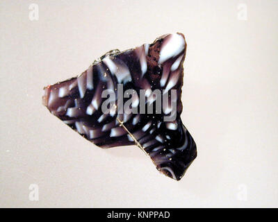 Römisches Glasmosaik Rippenschälenfragment vom späten 1. Jahrhundert v. Chr. bis zum frühen 1. Jahrhundert n. Chr. Die Abmessungen sind 3,3 x 2,8 cm groß und in lichtdurchlässigem Honigbraun, Kobaltblau und deckendem weiß gehalten. Zeigt ein Bandmosaikmuster, das aus Abschnitten eines einzelnen Rohrs auf braunem Grund mit unregelmäßigen welligen weißen und blauen Fäden in parallelen Linien gebildet wird. Zeigt zwei breite vertikale Rippen mit abgeflachten Oberteilen und abgerundeten Außenkanten an der Außenseite. Stockfoto