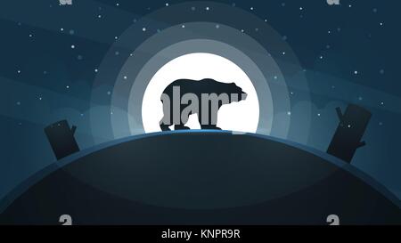 Nacht Landschaft. Bär, Mond Abbildung. Stock Vektor