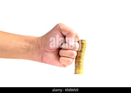 Handstanze die zunehmende Spalten der Goldmünzen auf weißem Hintergrund, Stapel von Goldmünzen von der hammer Hand brechen, Business bankrott Konzept, Stockfoto