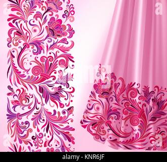 Vektor nahtlose Grenze im viktorianischen Stil. Nahtlose rosa Flieder Grenze auf rose Seide. Stock Vektor