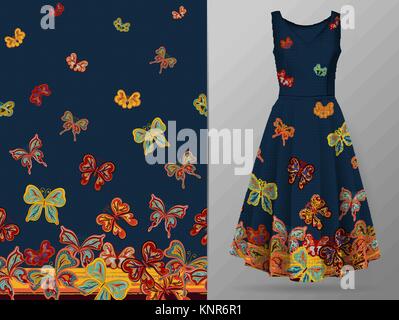 Vertikale nahtlose Muster mit Hand zeichnen Schmetterling auf Kleid mockup. Vektor. Rot Orange Grün Schmetterling auf Marineblau. Stock Vektor