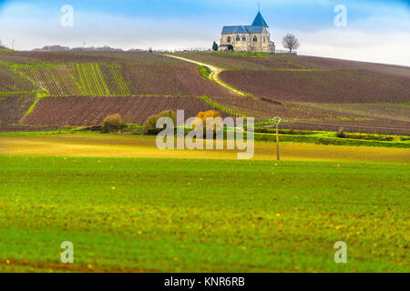 Weinberge und Chavot Courcourt Kirche in Champagne, Epernay, Frankreich Stockfoto