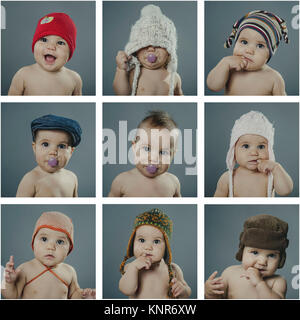 Fotocollage, Kleinkind Mit Verschiedenen Kopfbedeckungen - Foto-Collage, Baby mit verschiedenen Kopfbedeckungen Stockfoto