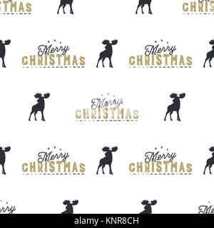 Elche und frohe Weihnachten schrift Muster. Wildes Tier Symbole nahtlose Hintergrund. Elche Symbole. Retro xmas Wallpaper. Vintage holiday Vektor Illustration auf weißen isoliert Stock Vektor