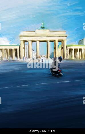 Ölgemälde, das Brandenburger Tor in Berlin. Digitales Werk von Foto genommen. Sonnigen Tag. Blaue Umgebung und Roller Fahrer im Vordergrund. Stockfoto