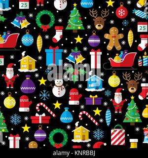 Weihnachten Muster aus New year Icons und Symbole. Flat Style kunst Symbole auf schwarzem Hintergrund isoliert. Stock Vektor