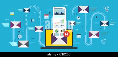 Laptop mit Umschlag und geöffnete e-Mail auf dem Bildschirm. E-Mail-Marketing, Internet Werbung Konzepte. Flache Vektor-Illustration. Stock Vektor