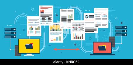 Datenübertragung zwischen Computer und Laptop. Konzept backup Daten und Computer-Netzwerk. Flache Vektor-Illustration. Stock Vektor