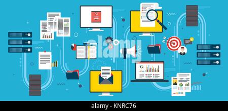 Computer und Laptop Zugriff auf Serverdateien im Netzwerk-Computer. Konzepte-Cloud-computing-Geräte, Netzwerk und Business Intelligence Daten. Flache vecto Stock Vektor