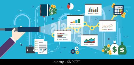 Hand mit lunette Analyse Investitionen Charts und Business Icons. Business Vorhersage und Vision Concept, finanzielle Investitionen, Wachstum, Erfolg und ea Stock Vektor