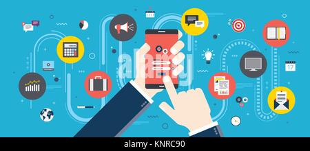 Hand halten Handys auf Login-Bildschirm. Smartphone-Applikations-Icons durch Linien verbunden. Konzept der intelligenten Kommunikation und Technologie. Flache Vektor Stock Vektor