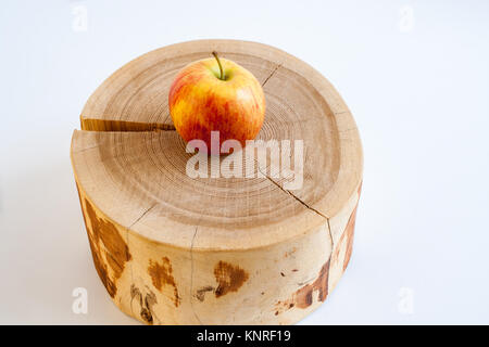 Ein Reif gelb - rot Apple liegt auf Holz- stumpf auf weißem Hintergrund mit kopieren. Stockfoto