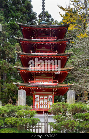 5-stöckige Pagode mit Cloud-beschnitten koniferen vor. Tea Garden im Golden Gate Park, San Francisco, Kalifornien. Stockfoto