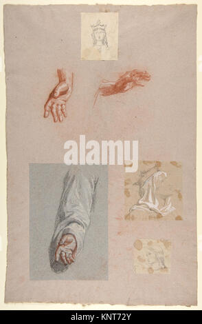 Dieses Kunstwerk zeigt die Hände des Heiligen Remi, die Häupter des Heiligen Clotilde und einen Engel, wobei religiöse Ikonographie und detaillierte Darstellung in einem historischen Manuskript hervorgehoben werden. Stockfoto