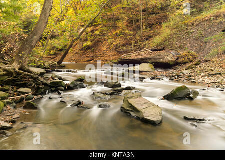 Ein kleiner Wasserfall mit langen Belichtungszeiten im Herbst. Stockfoto