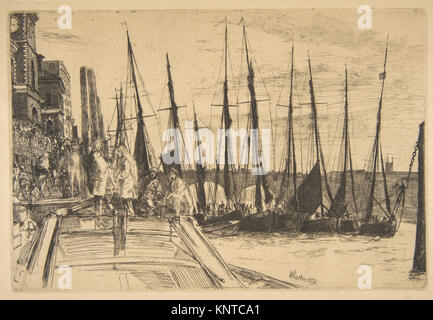James McNeill Whistlers Ätzwerk „Billingsgate“ aus dem Jahr 1859 fängt die Industrieszene des Londoner Billingsgate Markts ein und zeigt die Meisterschaft des Künstlers in Ätztechnik und Trockenpunkttechnik. Stockfoto