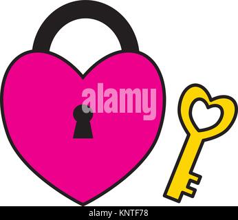 Herzform sperren oder Vorhängeschloss mit Schlüssel für Valentine oder Valentines Tag Konzept für Liebe Leidenschaft Valentinstag Valentinstag auf weißem Hintergrund Stock Vektor