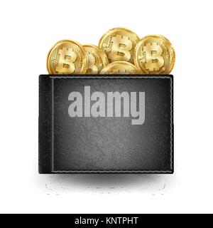 Realistische Schwarz Bitcoin Wallet Vektor. Anlagekonzept. Futuristische digitale Geld. Geld. Ansicht von oben. Das Finanzkonzept. Auf weissem Hintergrund Abbildung isoliert Stock Vektor